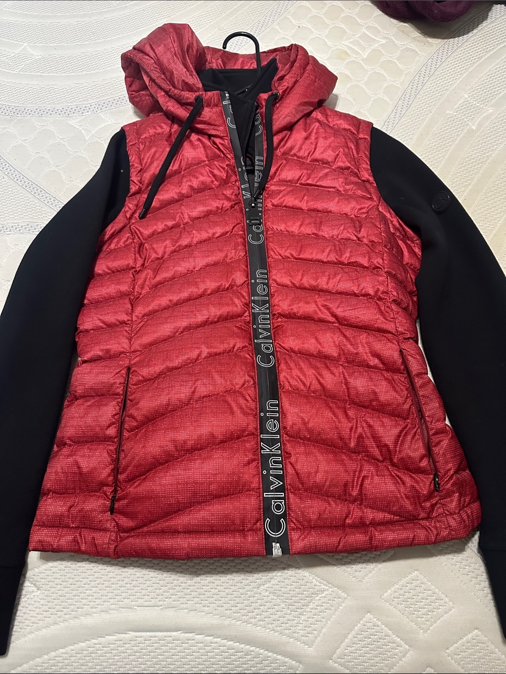 Calvin Klein Red Quilted Hooded Puffer with Black Sleeves